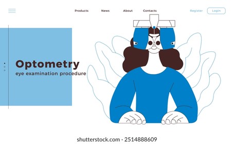 Optometry. Eye Test and Prescription Glasses. Female Perform Eye Test with Automated Digital Phoropter. Black and White Modern Flat Vector Illustration. Landing Page Design Template. Website Banner.