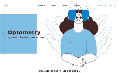 Optometry. Eye Test and Prescription Glasses. Female Perform Eye Test with Automated Digital Phoropter. Black and White Modern Flat Vector Illustration. Landing Page Design Template. Website Banner.