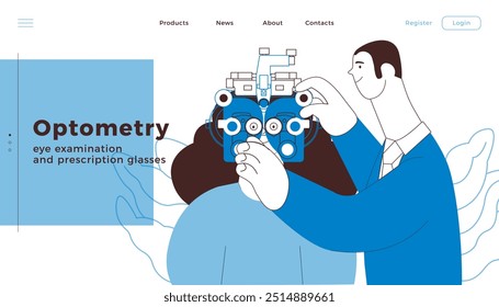 Optometry. Eye Test and Prescription Glasses. Medical Specialist and Patient Perform Eye Test with Manual Vision Tester on Abstract Background. Black and White Modern Flat Vector Illustration. 