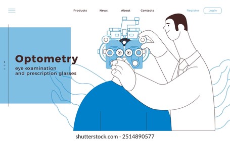 Optometry. Eye Test and Prescription Glasses. Medical Specialist and Patient Perform Eye Test with Manual Vision Tester on Abstract Background. Black and White Modern Flat Vector Illustration. 