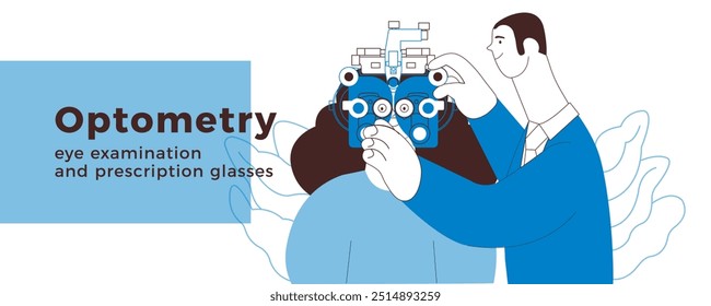 Optometry. Eye Test and Prescription Glasses. Medical Specialist and Patient Perform Eye Test with Manual Vision Tester on Abstract Background. Black and White Modern Flat Vector Illustration. 