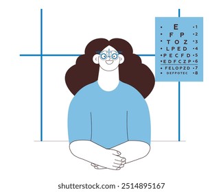 Optometry. Eye Test and Prescription Glasses. Female Patient Wear Adjustable Optical Trial Lens in Medical Office. Black and White Modern Flat Vector Illustration. Social Media Template.