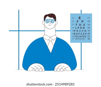 Optometry. Eye Test and Prescription Glasses. Male Patient Wear Adjustable Optical Trial Lens in Medical Office. Black and White Modern Flat Vector Illustration. Social Media Template.