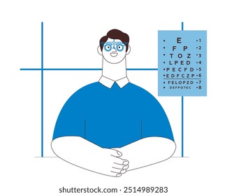 Optometry. Eye Test and Prescription Glasses. Male Patient Wear Adjustable Optical Trial Lens in Medical Office. Black and White Modern Flat Vector Illustration. Social Media Template.