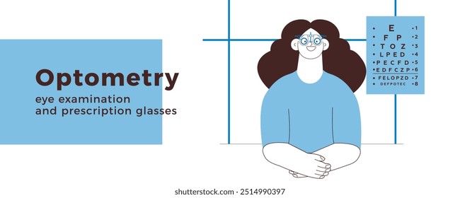 Optometria. Exame de olhos e óculos de prescrição. Paciente do sexo feminino usa lente de teste óptico ajustável no consultório médico. Ilustração moderna do vetor plano preto e branco. Modelo de design de página de aterrissagem. 