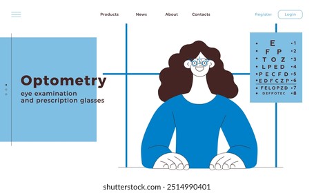 Optometry. Eye Test and Prescription Glasses. Female Patient Wear Adjustable Optical Trial Lens in Medical Office. Black and White Modern Flat Vector Illustration. Landing Page Design Template. 