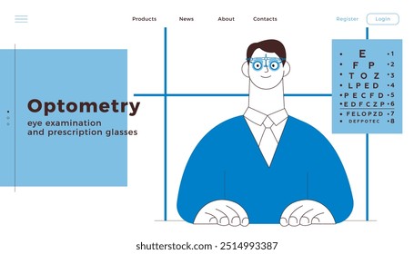 Optometry. Eye Test and Prescription Glasses. Male Patient Wear Adjustable Optical Trial Lens in Medical Office. Black and White Modern Flat Vector Illustration. Landing Page Template. Website Banner