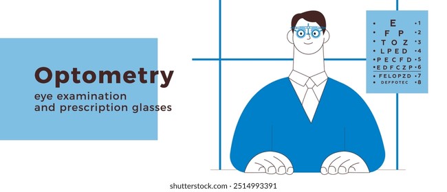 Optometry. Eye Test and Prescription Glasses. Male Patient Wear Adjustable Optical Trial Lens in Medical Office. Black and White Modern Flat Vector Illustration. Landing Page Template. Website Banner