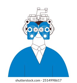 Optometry. Eye Test and Prescription Glasses. Male Perform Eye Test with Manual Vision Tester. Black and White Modern Flat Vector Illustration. Social Media Template.