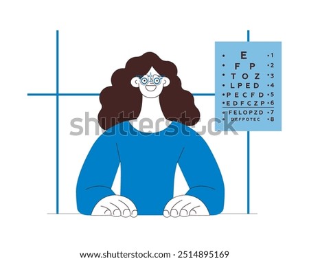 Optometry. Eye Test and Prescription Glasses. Female Patient Wear Adjustable Optical Trial Lens in Medical Office. Black and White Modern Flat Vector Illustration. Social Media Template.