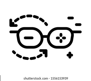 Optometry, eyesight glasses, vision correction lenses, plus and minus, isolated line icon vector. Hyperopia or myopia, optical spectacles, ophthalmologist help. Medicine and healthcare, ophthalmology