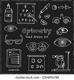 Optometry hand drawn doodle set. Sketches. Vector illustration for design and packages product. Symbol collection.