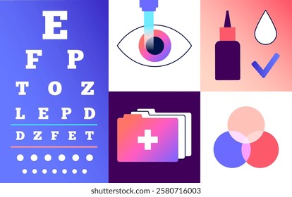 Optometry and human eye treatment poster. Examining with eye chart, prescriptions and medications. Contact lenses and laser correction. Human vision problem diagnosis and treatment vector illustration