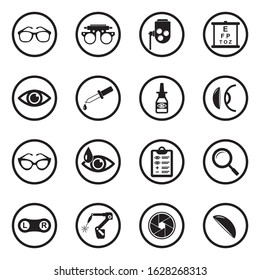 Optometry Icons. Black Flat Design In Circle. Vector Illustration.