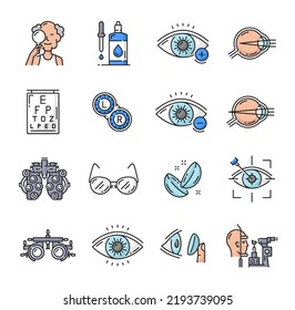 Optometry Icons, Eye Laser Surgery, Phoropter And Ophthalmology Diagnostics Vector Color Line Symbols. Optometry Icons Of Lasik Surgery, Contact Lenses And Optical Test For Eyesight And Eye Vision