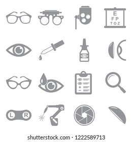 Optometry Icons. Gray Flat Design. Vector Illustration. 