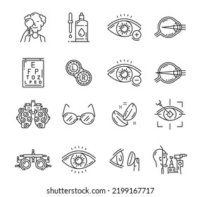 Optometry icons. Laser surgery, eye, phoropter, ophthalmology thin line symbols. Eyesight examination, optometry equipment outline vector icons with eyeball lasic, glasses and contact lens, tonometer