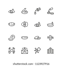 Optometry icons. Set of line icons. Contact lens, clinic, lens care. Eye sight concept. Vector illustration can be used for topics like vision, health care, ophthalmology.