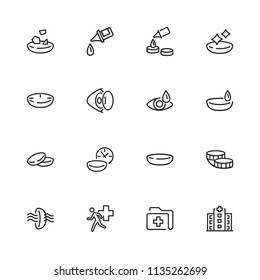 Optometry icons. Set of line icons. Contact lens, clinic, lens care. Eye sight concept. Vector illustration can be used for topics like vision, health care, ophthalmology.