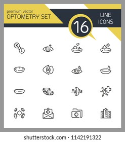 Optometry icons. Set of line icons. Contact lens, clinic, lens care. Eye sight concept. Vector illustration can be used for topics like vision, health care, ophthalmology.