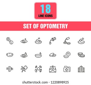 Optometry icons. Set of line icons. Contact lens, clinic, lens care. Eye sight concept. Vector illustration can be used for topics like vision, health care, ophthalmology.