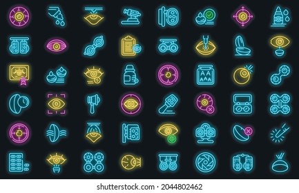 Optometry icons set. Outline set of optometry vector icons neon color on black