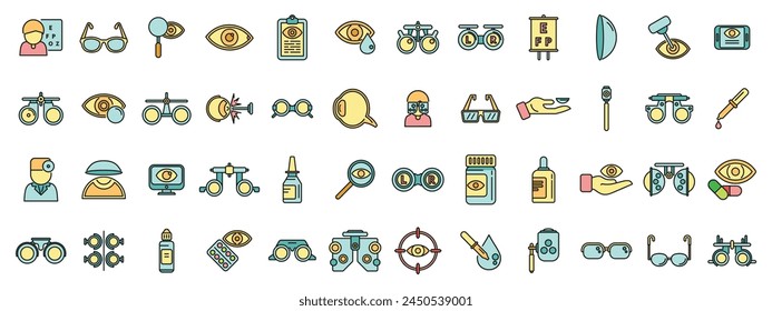 Optometry icons set outline vector. Medical eye. Lasik machine thin line color flat on white