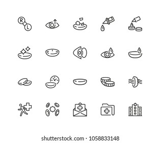 Optometry icons. Set of twenty line icons. Contact lens, clinic, lens care. Eye sight concept. Vector illustration can be used for topics like vision, health care, ophthalmology.