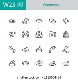 Optometry icons. Set of twenty line icons. Contact lens, clinic, lens care. Eye sight concept. Vector illustration can be used for topics like vision, health care, ophthalmology.