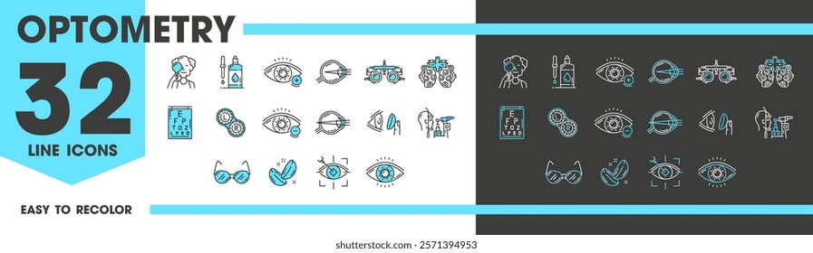 Optometry line icons of vector eyes, glasses and lens, optometrist vision test and eye exam. Outline laser surgery, optic drops, phoropter, sight chart, eyeballs with myopia and hyperopia symbols set