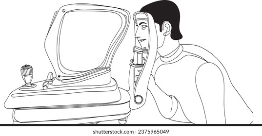 Optometry and Ophthalmology Diagnostics - One-Line Sketch Cartoon Illustration in Vector, Eye Exam and Vision Test - One-Line Sketch Cartoon Illustration with Laser Lens