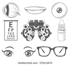 Optometry. Ophthalmology vector icon set. Oculist