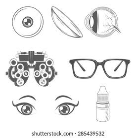 Optometry. Ophthalmology Vector Icon Set. Oculist. Eyeglasses, Eye