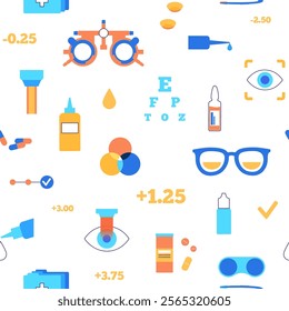 Optometry seamless pattern. Eyesight examination in ophthalmology center. Ophthalmic trial frame, testing devices and eye chart. Contact lenses and laser correction. Vision problem treatment vector