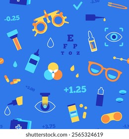 Optometry seamless pattern. Eyesight examination in ophthalmology center. Ophthalmic trial frame, testing devices and eye chart. Contact lenses and laser correction. Vision problem treatment vector