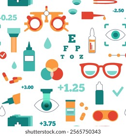 Optometry seamless pattern. Eyesight examination in ophthalmology center. Ophthalmic trial frame, testing devices and eye chart. Contact lenses and laser correction. Vision problem treatment vector