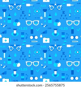 Optometry seamless pattern. Eyesight examination in ophthalmology center. Ophthalmic trial frame, testing devices and eye chart. Contact lenses and laser correction. Vision problem treatment vector