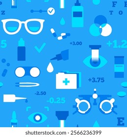 Optometry seamless pattern. Eyesight examination in ophthalmology center. Ophthalmic trial frame, testing devices and eye chart. Contact lenses and laser correction. Vision problem treatment vector