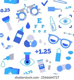 Optometry seamless pattern. Eyesight examination in ophthalmology center. Ophthalmic trial frame, testing devices and eye chart. Contact lenses and laser correction. Vision problem treatment vector