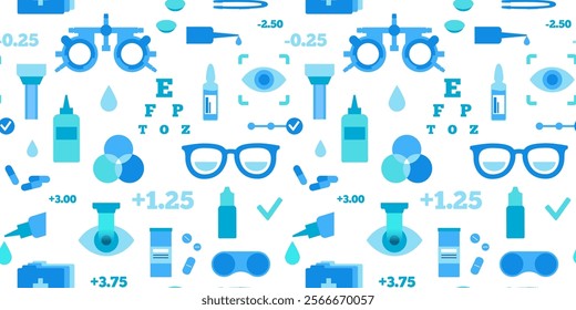 Optometry seamless pattern. Eyesight examination in ophthalmology center. Ophthalmic trial frame, testing devices and eye chart. Contact lenses and laser correction. Vision problem treatment vector