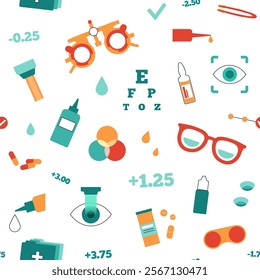 Optometry seamless pattern. Eyesight examination in ophthalmology center. Ophthalmic trial frame, testing devices and eye chart. Contact lenses and laser correction. Vision problem treatment vector