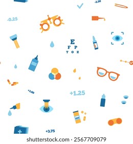 Optometry seamless pattern. Eyesight examination in ophthalmology center. Ophthalmic trial frame, testing devices and eye chart. Contact lenses and laser correction. Vision problem treatment vector