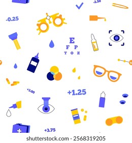 Optometry seamless pattern. Eyesight examination in ophthalmology center. Ophthalmic trial frame, testing devices and eye chart. Contact lenses and laser correction. Vision problem treatment vector