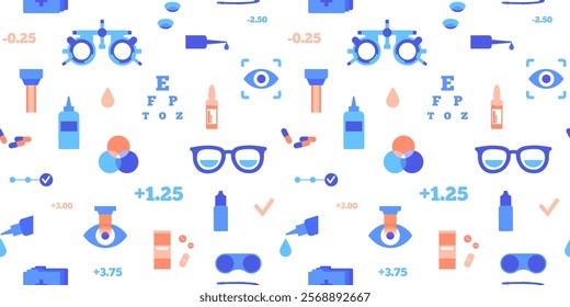 Optometry seamless pattern. Eyesight examination in ophthalmology center. Ophthalmic trial frame, testing devices and eye chart. Contact lenses and laser correction. Vision problem treatment vector