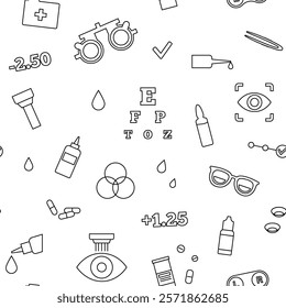 Optometry seamless pattern. Eyesight examination in ophthalmology center. Ophthalmic trial frame, testing devices and eye chart. Contact lenses and laser correction. Vision problem treatment vector