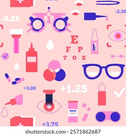 Optometry seamless pattern. Eyesight examination in ophthalmology center. Ophthalmic trial frame, testing devices and eye chart. Contact lenses and laser correction. Vision problem treatment vector