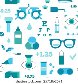 Optometry seamless pattern. Eyesight examination in ophthalmology center. Ophthalmic trial frame, testing devices and eye chart. Contact lenses and laser correction. Vision problem treatment vector