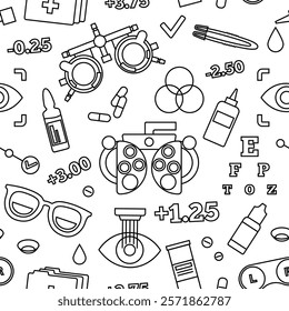 Optometry seamless pattern. Eyesight examination in ophthalmology center. Ophthalmic trial frame, testing devices and eye chart. Contact lenses and laser correction. Vision problem treatment vector