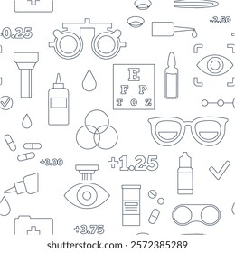 Optometry seamless pattern. Eyesight examination in ophthalmology center. Ophthalmic trial frame, testing devices and eye chart. Contact lenses and laser correction. Vision problem treatment vector