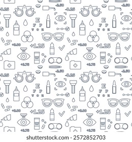 Optometry seamless pattern. Eyesight examination in ophthalmology center. Ophthalmic trial frame, testing devices and eye chart. Contact lenses and laser correction. Vision problem treatment vector